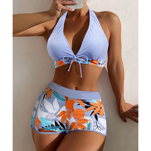 Bikini 2025 European and American Fashion Print Swimwear for Women, Straight Leg High-Waist Beach Swim Suit