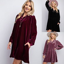 跨境秋冬新款纯色宽松直筒连衣裙2025欧美丝绒休闲简约及膝短裙女