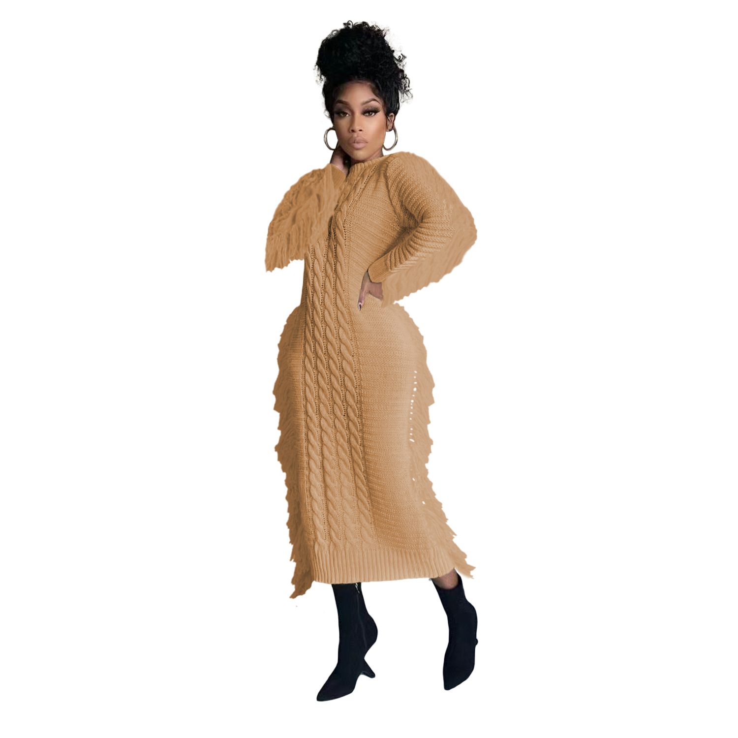 Robe pull femme avec franges longues en maille pour l'hiver_voghion.com