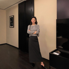 pusumede 知性通勤 高腰西装半身裙女设计感后开叉气质直筒长裙