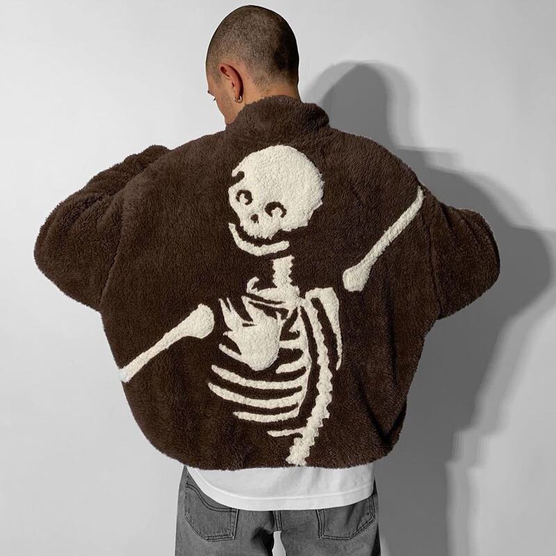Polar Fleece Skull Skeleton Hugging Sweatshirt Button Patch Embroidery Funny Design Personalized Loose Pullover for Men and Women