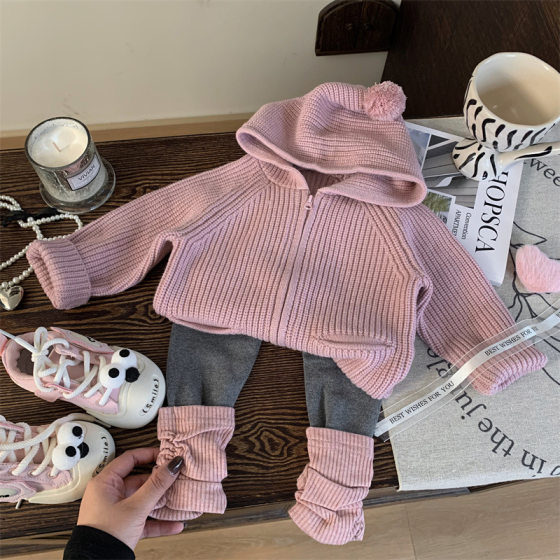 Korean children's clothing 2024 new autumn girls hooded knitted sweater cardigan coat color matching leggings two-piece set