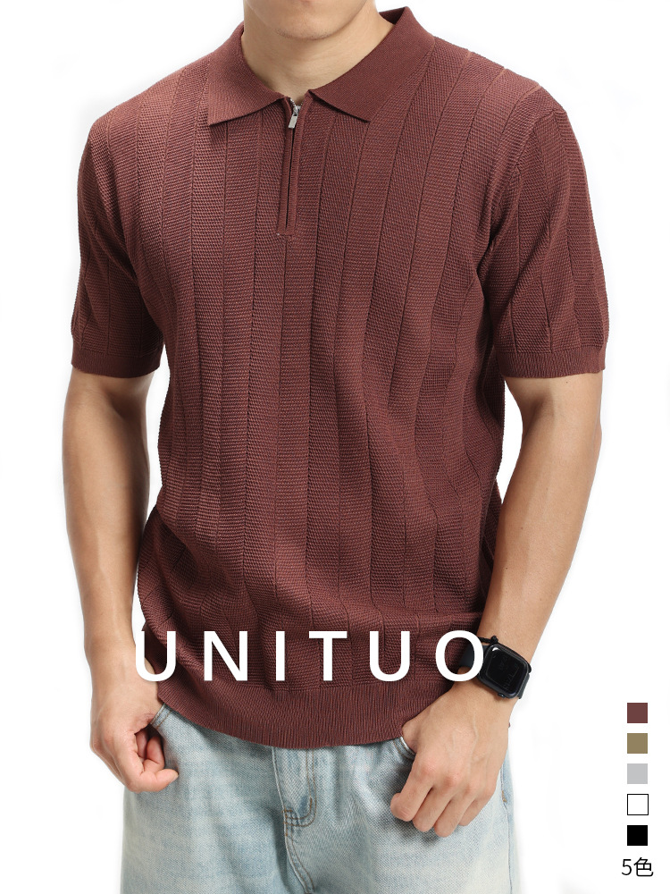 Comercio exterior transfronterizo hombre polo de punto medio cremallera textural de rayas verticales lujosas de alto nivel camisa de estilo europeo y americano