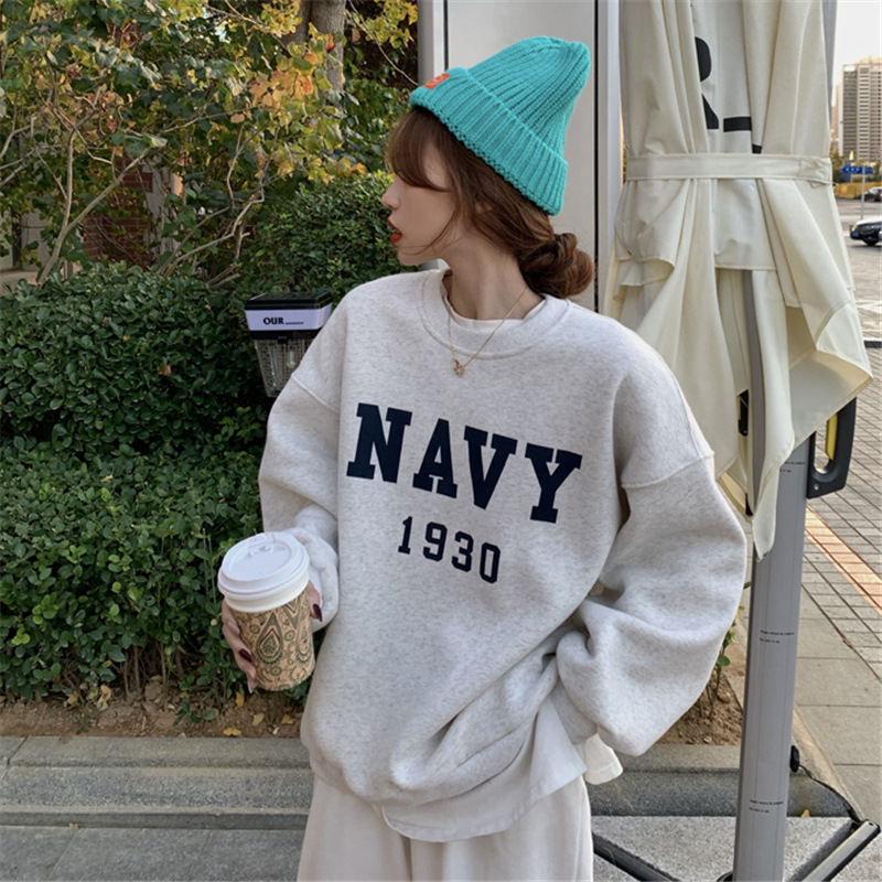 加绒卫衣简约圆领印花秋冬衣服服饰无帽外套上衣ins韩版潮流|undefined