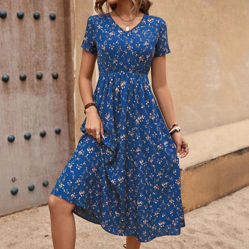 New In-Stock Summer-Autumn 2025 Cross-Border Long Floral Wrap Tie Waist V-Neck Foreign Trade European and American Dress