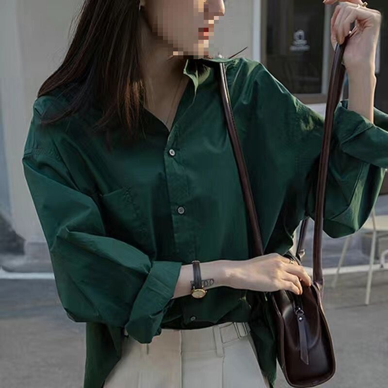 Wholesale Shirts | New Spring | Retro Hong Kong Style | Pure Green | Popular in Autumn and Winter | Korean Version | Commuting Style | Long Sleeves
