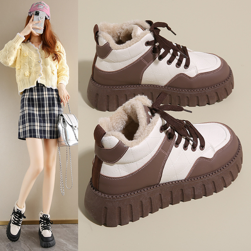 加绒高帮小白鞋女2024冬季新款学生ins韩版保暖休闲棉鞋 KT2512-2