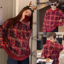 清仓    小月龄亲子装2025新款一家三口毛衣红色四口千鸟格拜年服