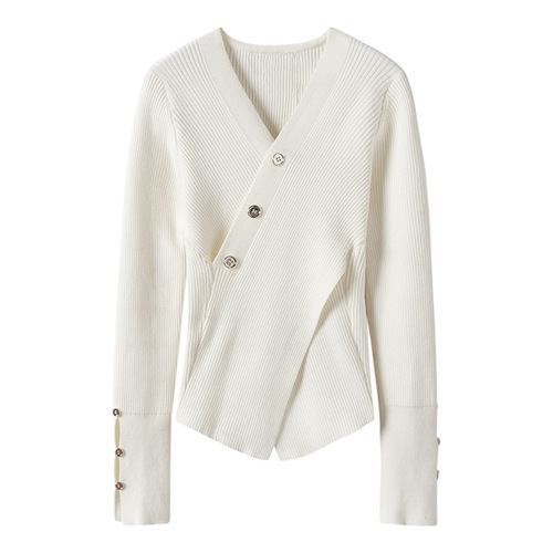 Irregular, effortlessly alluring V-neck sweater with an A4-waist design—slimming, cross-detail, and featuring a split for a tailored, figure-flattering fit. Perfect as a chic, long-sleeved layering piece!