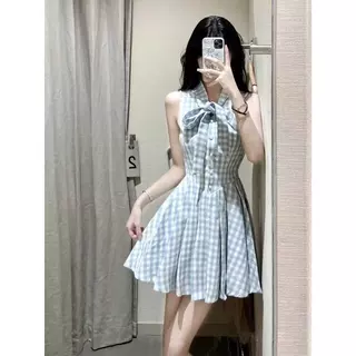 百搭无袖挂脖格子连衣裙子 女夏2026新款小个子法式甜美百褶temu
