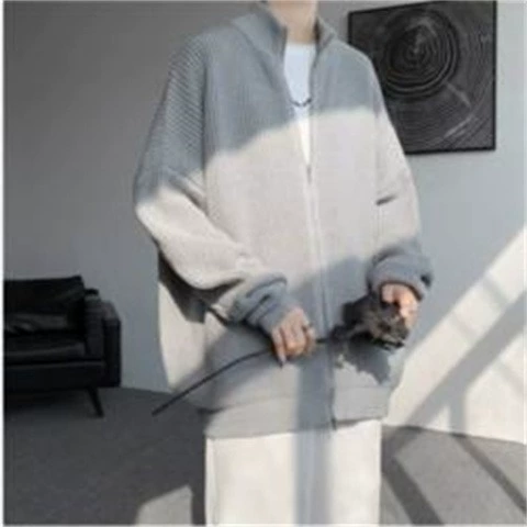 Кардиган, демисезон, японский ретро-свитер, мужская knitted куртка на молнии, свободный силуэт