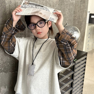 2025 Autumn Kidsren's Fake Two-Piece Bottoming Shirt Plaid Sleeves Splicing Hand-Painted Painted Boys and Girls Fashionable Long-Sleeved Trbottomy