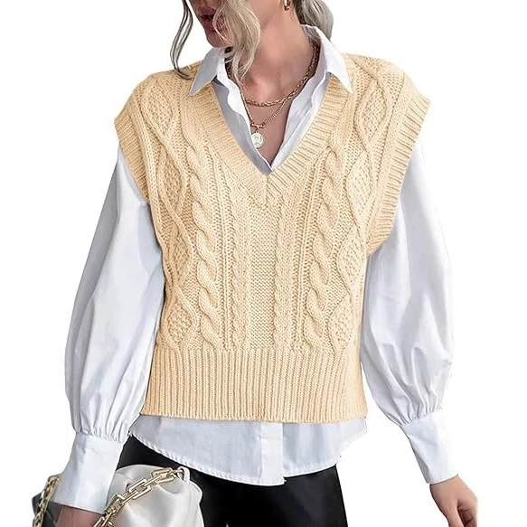 Вязаный жилет в ретро стиле, женский, без рукавов, с V-образным вырезом, OEM Amazon, оптовая торговля, обработка и индивидуальный пошив.