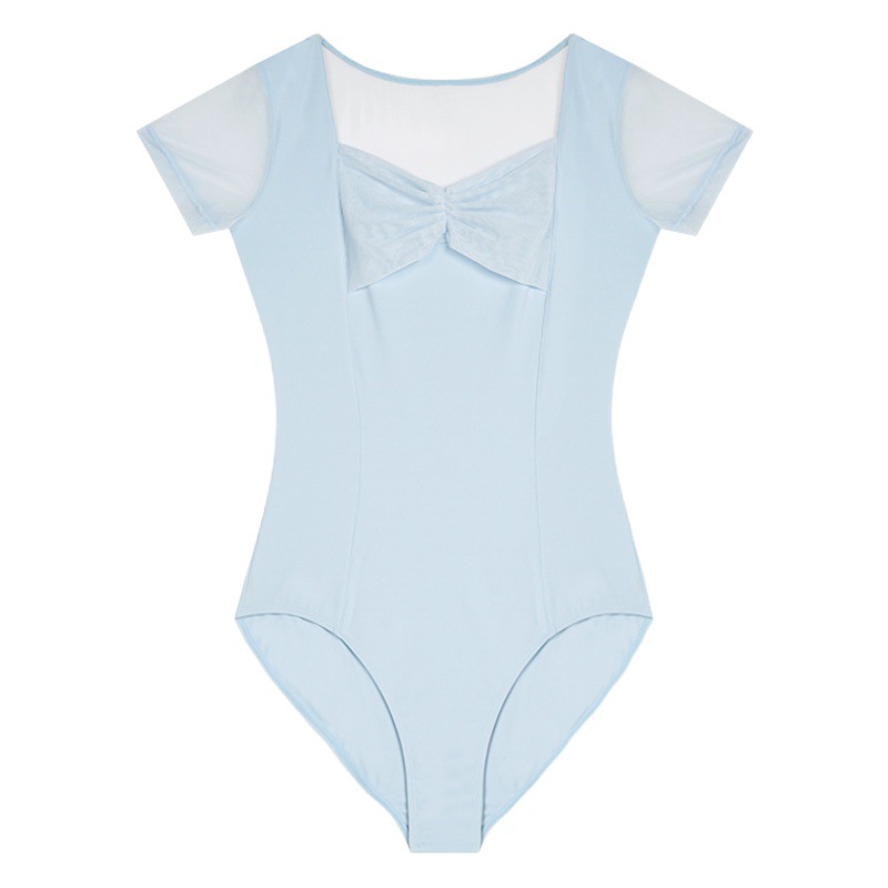 Ropa de baile ropa de práctica de verano de las mujeres de manga corta de nylon de malla plisada mono Ballet entrenamiento básico bailando ropa de cuerpo
