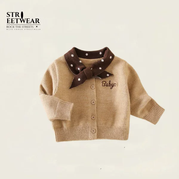 Girls' sweater 2026 autumn new style children's polka dot bow collar long-sleeve cardigan jacket versatile top trendy