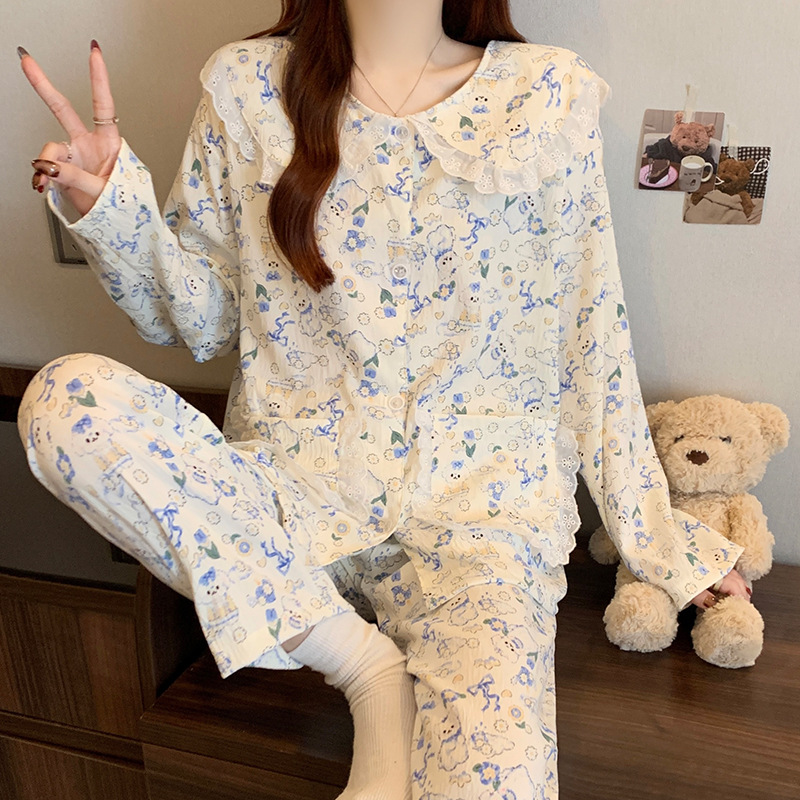Primavera nueva nube de algodón pijama de otoño delgado flores dulces red en vivo ropa casera casera de dos piezas