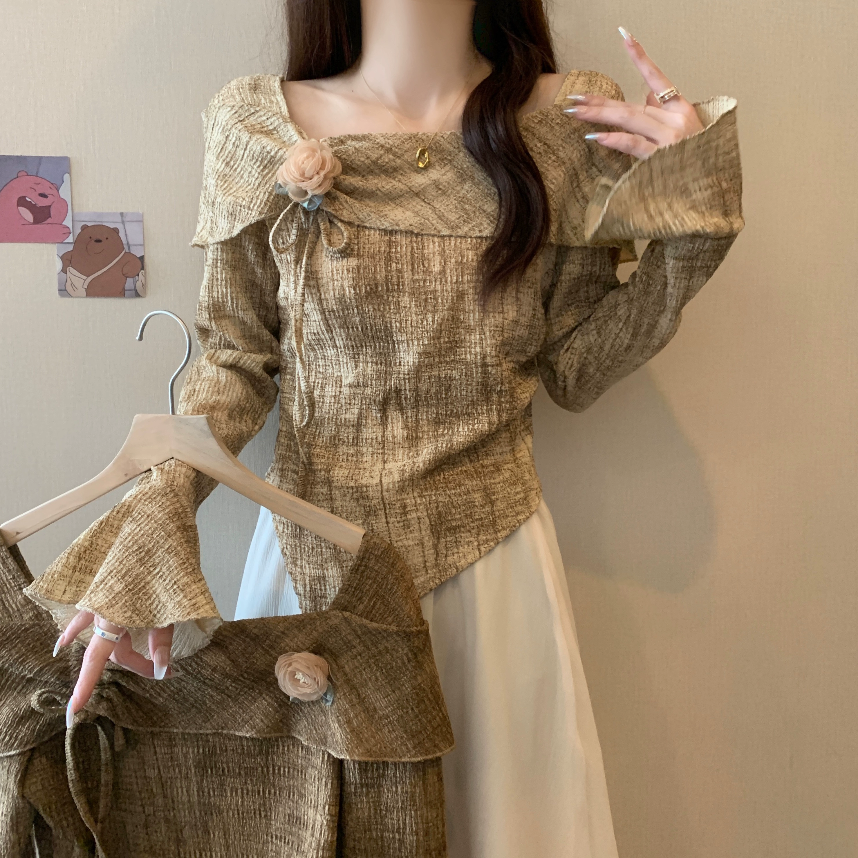 Женский весенний чайный наряд больших размеров, полный комплект из двух юбок для полных мм, чтобы выглядеть стройнее и скрыть тело.