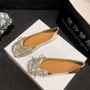 Flat Rhinestone Shoes Women's 2024 Summer New All-match Shallow Square Pea Shoes Comfortable Soft Bottom Scoop Shoes