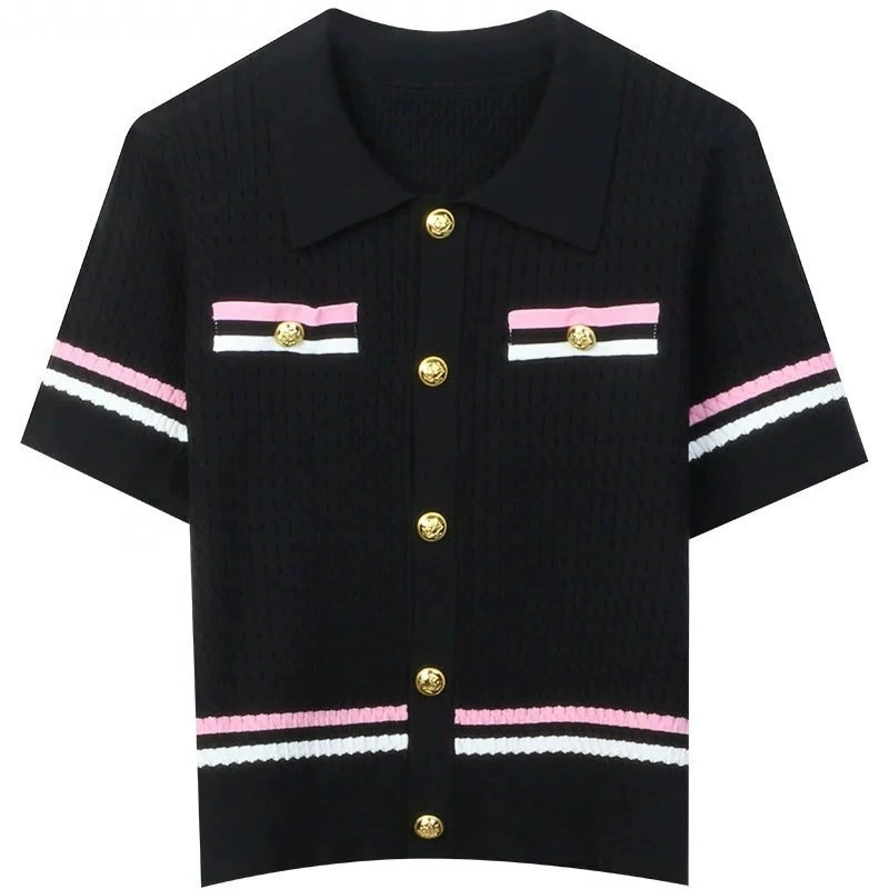 2025 новый летний короткий рукав полосатый топ с милым лацканом, строгий простой вязаный кардиган для женщин