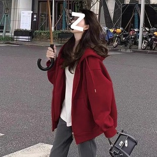wine red Zipper Sweater Jacket Women's Spring and Autumn 2025 New Explosions Loose Casual Cardigan Hooded Top