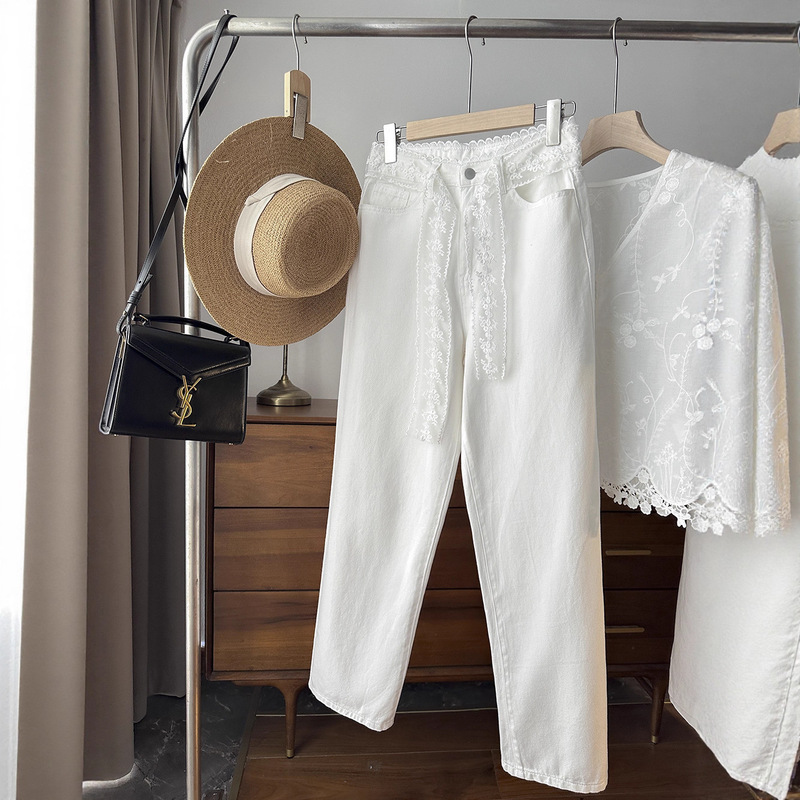 Special! Clearance! Bargain! White Lace Belt Elegant Versatile Loose Jeans Women High-Waisted Straight Pants