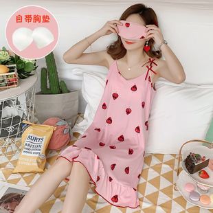 2022 Weicommerce Explosions Summer Milk Silk Sling Nightgown Women's Nightgown with Chest Pad Pajamas Strawberry Sexy Cross-border Home Clothes
