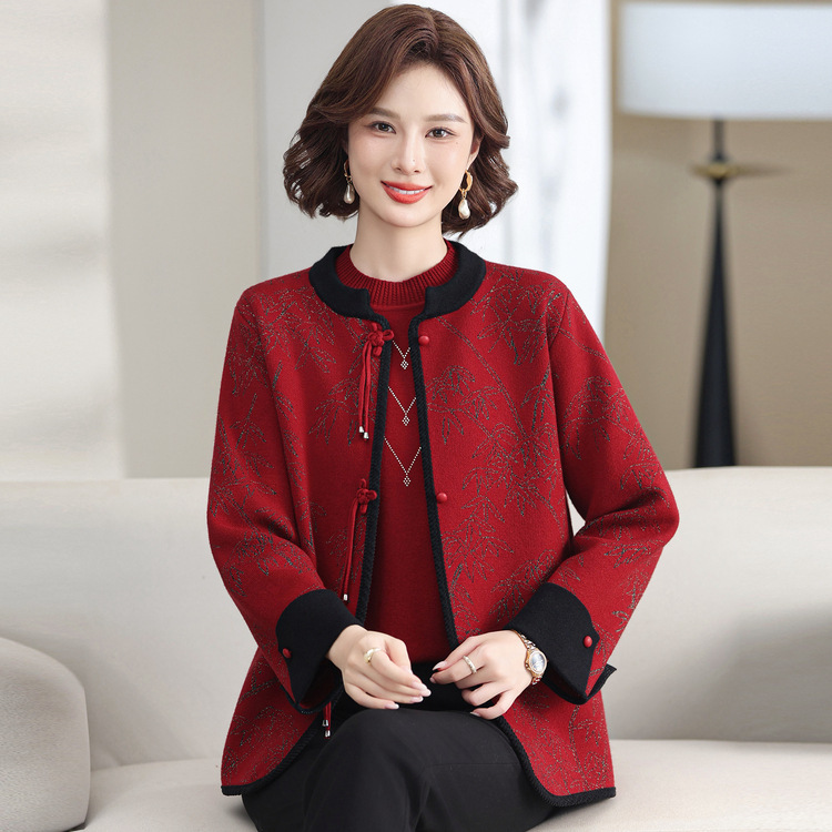 2025新款国风开衫毛衣外套妈妈秋装洋气中老年女秋冬针织两件套装|undefined