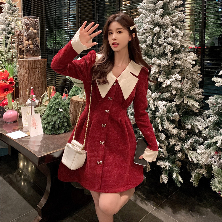 小香风娃娃领长袖连衣裙女春秋法式感气质收腰显瘦小个子短裙|undefined
