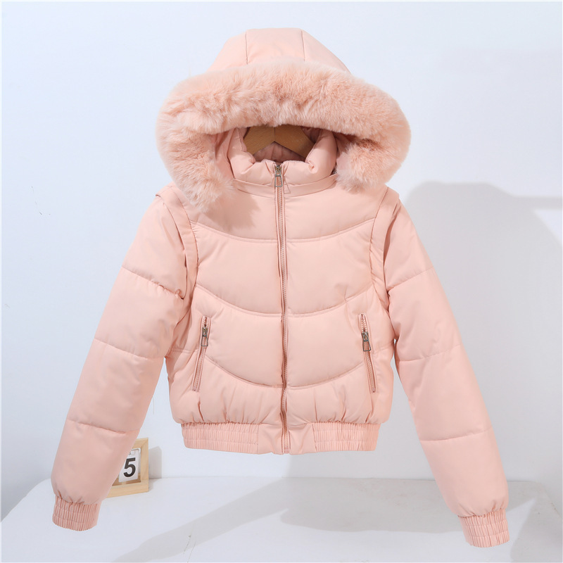 欧美女装可脱卸袖两穿短款修身高腰棉服外套休闲加厚毛领加绒棉衣|undefined
