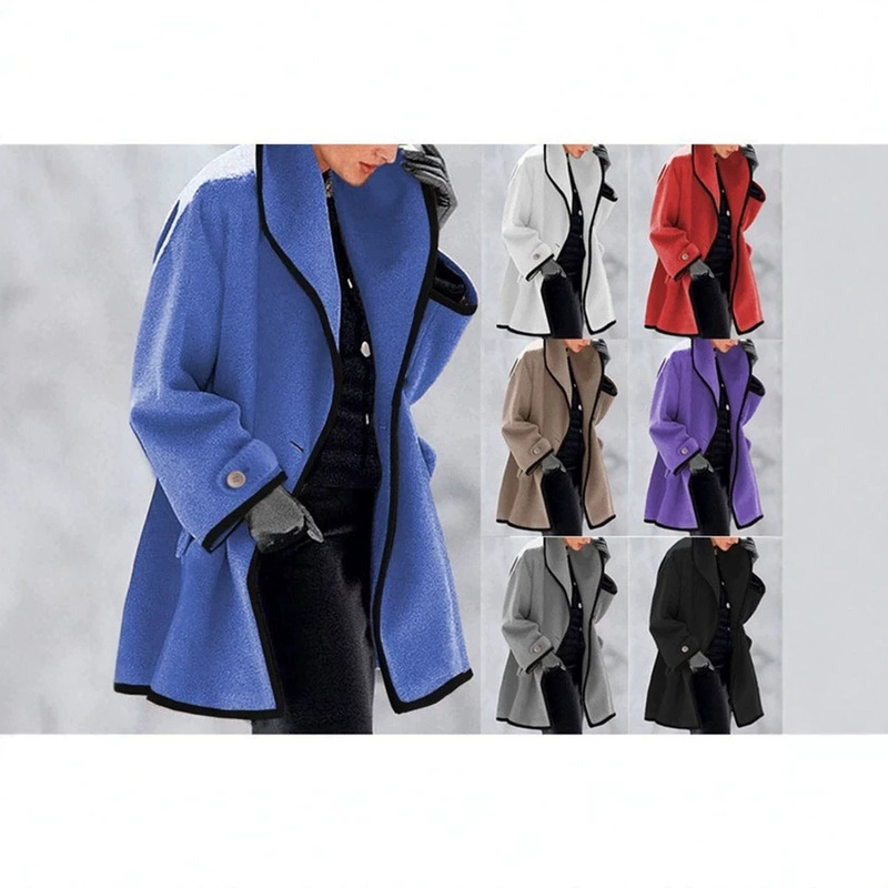 European and American women's fashion autumn and winter multi-color round-neck loose hooded woolen coat Amazon color block
