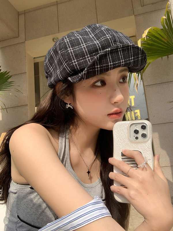 新しい韓国風チェック柄ベレー帽女性用春と夏の森スタイル文学多用途キャスケットハット顔が見える小さな八角形帽子画家の帽子|undefined