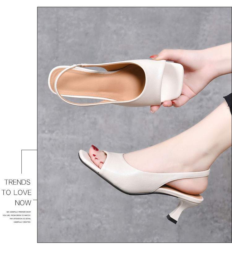 Sandal hở mũi da thật gót vừa kiểu Pháp cho nữ — Màu đen chi tiết 18