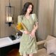 Chiffon Floral Dress Women's 2023 New V-neck High Waist Puff Sleeve Design French Style Short Dress