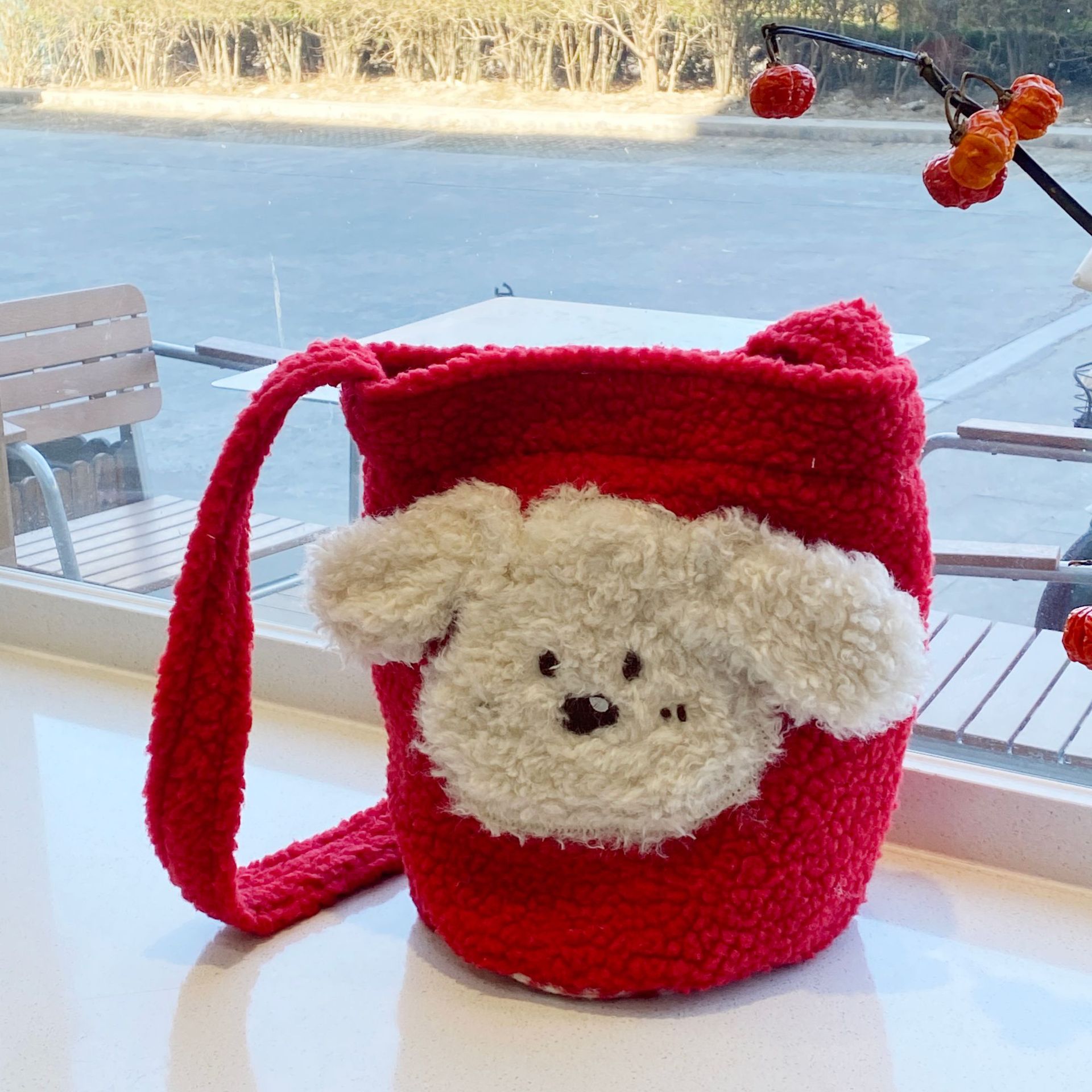 ins style cute puppy crossbody bag women‘s all-match one with red bucket bag portable plush round bag