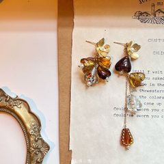 知更鳥落日琥珀オリジナル復古油絵芸術瑠璃小衆デザイン新中国式イヤリング耳クリップ