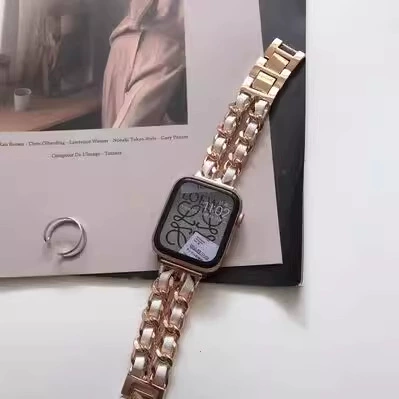 Стильный двурядный браслет из смешанной кожи с цепью для Apple Watch - универсционный металлический дизайн цепи