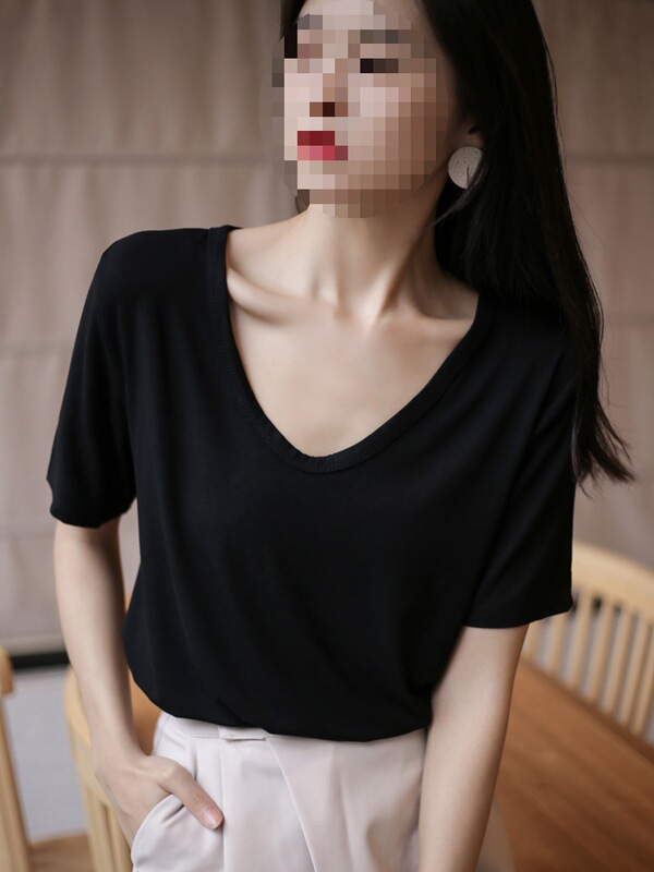 Modal Short-Sleeved Black Mask T-Shirt Women's Summer V Neck 2025 New Ice Silk Low-Neck Loose Spring & Fall Top