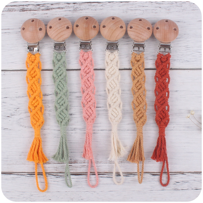 Suministros de bebé haya con agujero pezón clip pezón cuerda bebé creativo DIY hecho a mano tejido de algodón cuerda pezón cadena