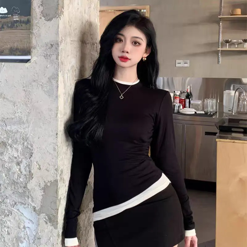 秋冬季气质女装百搭假两件褶皱收腰长袖t恤女内搭修身打底衫上衣|undefined