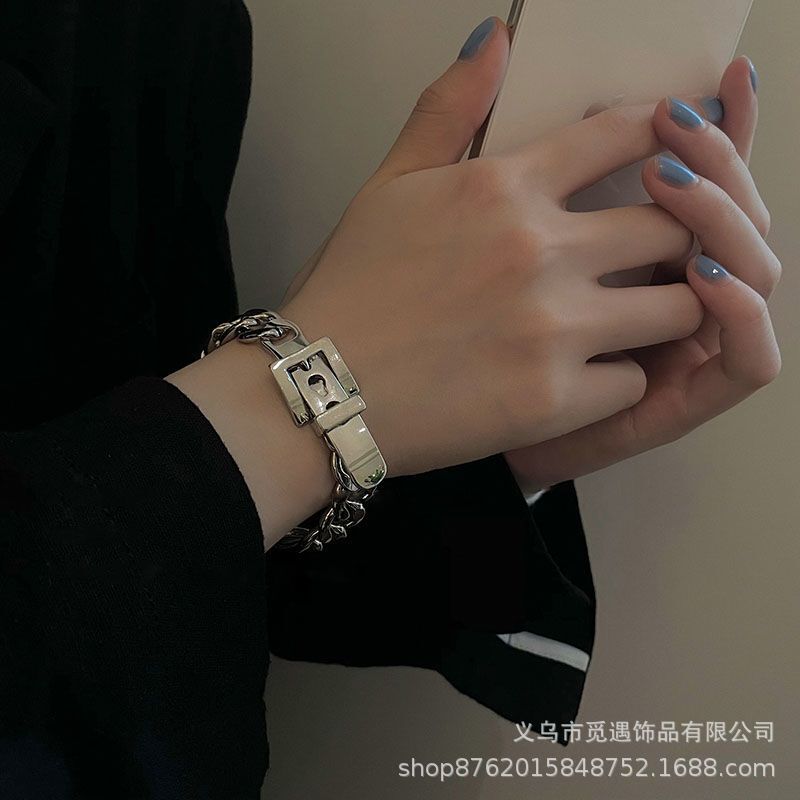 Silver Thick Chain Belt Buckle Bracelet for Women, Minimalist Design with a Cool Vibe, Unique Cuban Chain Jewelry