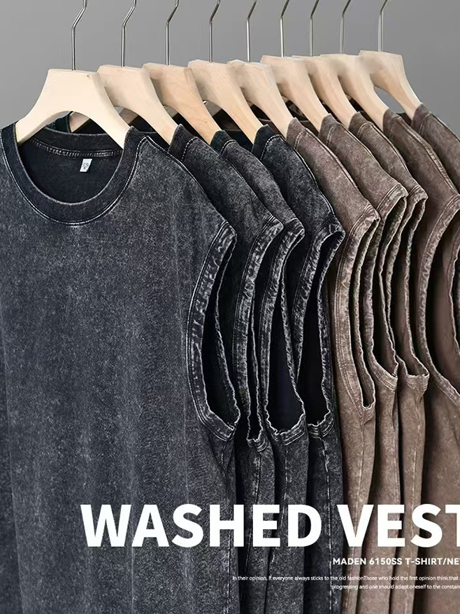240g chaleco de hombro de algodón americano marca de moda de verano de color sólido lavado con agua para hacer camisetas sin mangas viejas