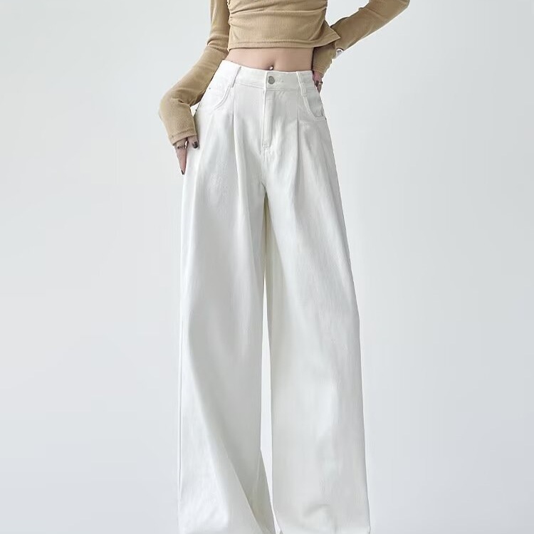 White Wide-Leg Jeans for Women 2025 New High-Waisted Pleated Loose Slimming Look Hip-Covering Floor-Length Straight Pants