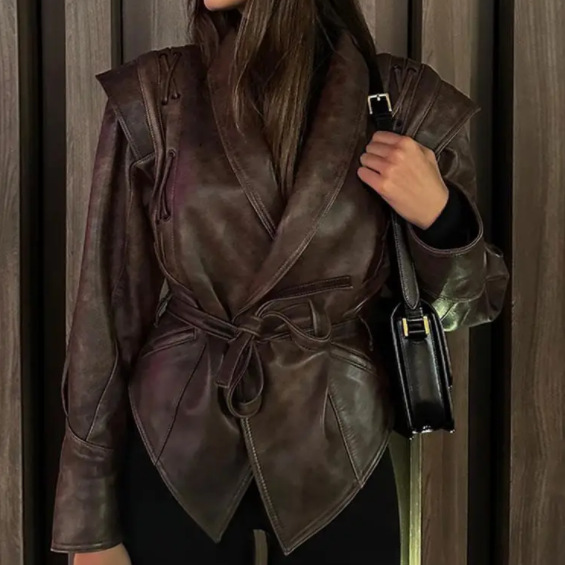 European and American Cross-border 2024 Winter Vintage Lace-up Faux Leather Jacket Women's Casual Fashion Lapel Shawl Pu Coat