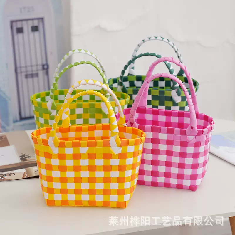 塑料编织手提包 简约塑编包菜篮子手提买菜包 家用日常收纳塑编包