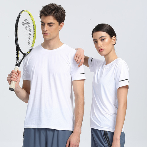 Summer New Round Neck Solid Color Nylon Quick-Dry T-Shirt for Men and Women, Printed High-Elasticity Breathable Sports Fitness Short Sleeve