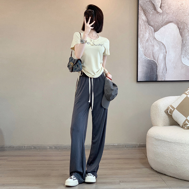 时尚休闲运动套装女夏2023新款韩版气质修身显瘦阔腿长裤两件套潮