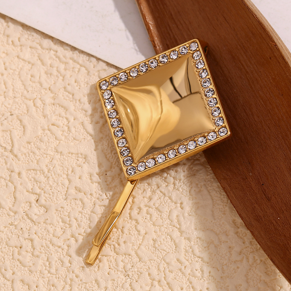 Unisex Mode einfache geometrische Design Haarschmuck Edelstahl vergoldet glatte quadratische Kante Diamant Haarnadel_voghion.com
