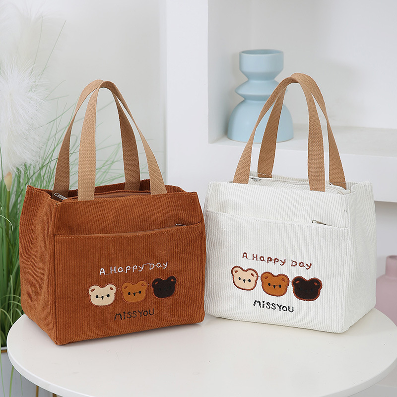 코듀로이 자수 곰 휴대용 화장품 가방 새로운 여성 학생 한국 스타일 핸드백 외출 여성용 대형 보관 가방