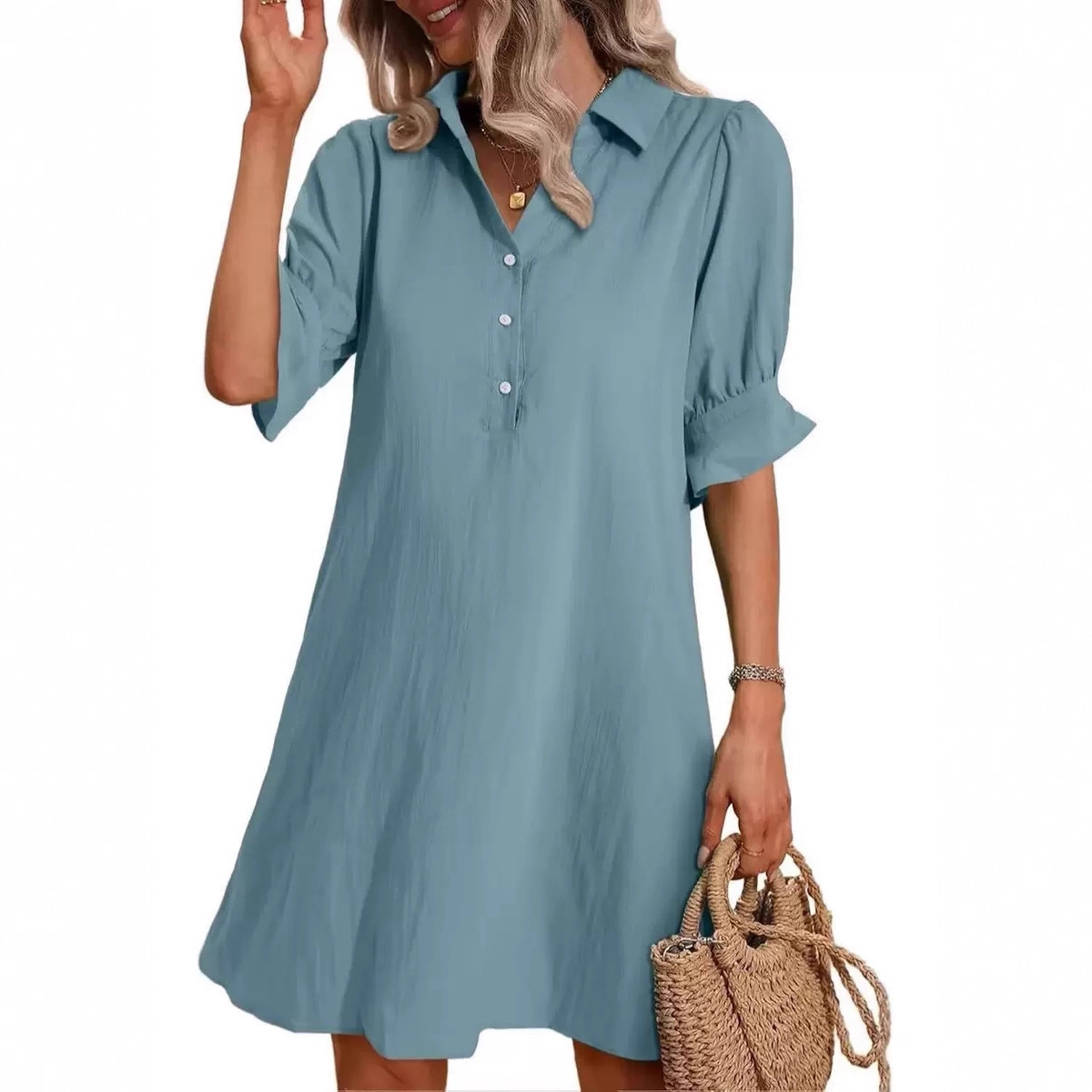 Amazon European and American Cross-Border Export 2025 Spring & Fall Women's New Casual Loose Pure Color Shirt Dress