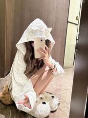 可爱小猫耳朵连帽卫衣女春秋狗爪印花oversize宽松慵懒风开衫外套